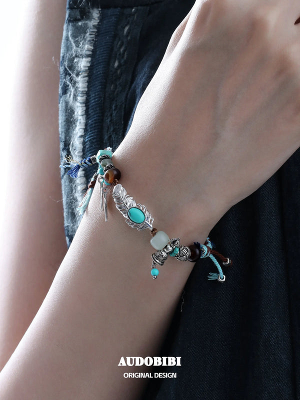 Divine Plume Neo-Chinese Style Tibetan Silver, Agate, Turquoise & Jade Ethnic-Style Braided Bracelet ™