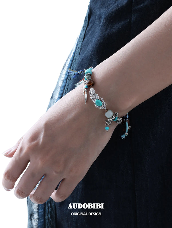 Divine Plume Neo-Chinese Style Tibetan Silver, Agate, Turquoise & Jade Ethnic-Style Braided Bracelet ™