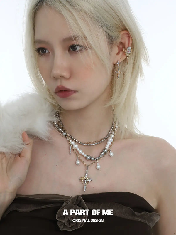영원히 우아한 헤비 크래프트 멀티 레이어 진주 비즈 십자가 펜던트 목걸이™