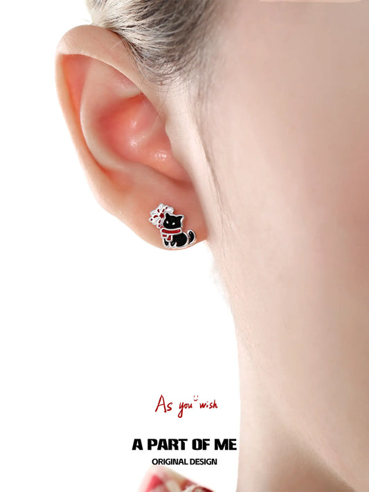 Happy New Year 925 Platinum Plating Kittens and Puppies Setting Off Fireworks Stud Earrings™
