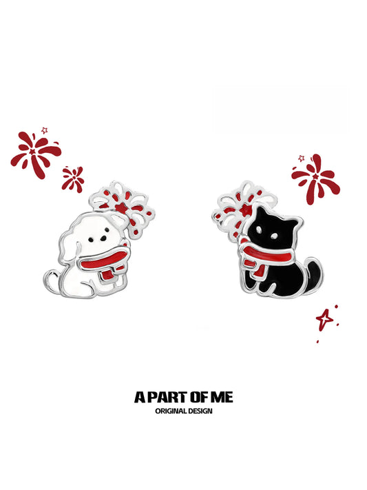 Happy New Year 925 Platinum Plating Kittens and Puppies Setting Off Fireworks Stud Earrings™