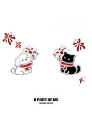 Happy New Year 925 Platinum Plating Kittens and Puppies Setting Off Fireworks Stud Earrings™