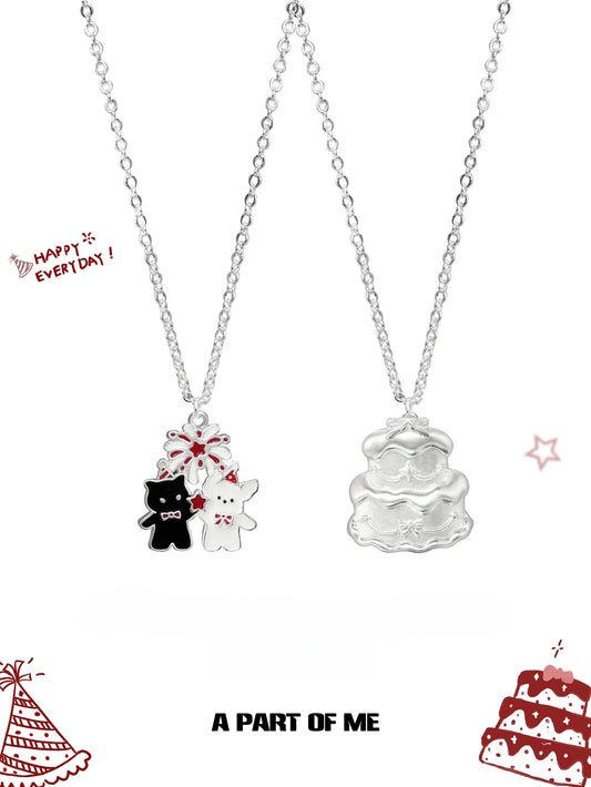 Happy New Year Platinum Plating Kitten and Puppy Cake Pendant Necklace™
