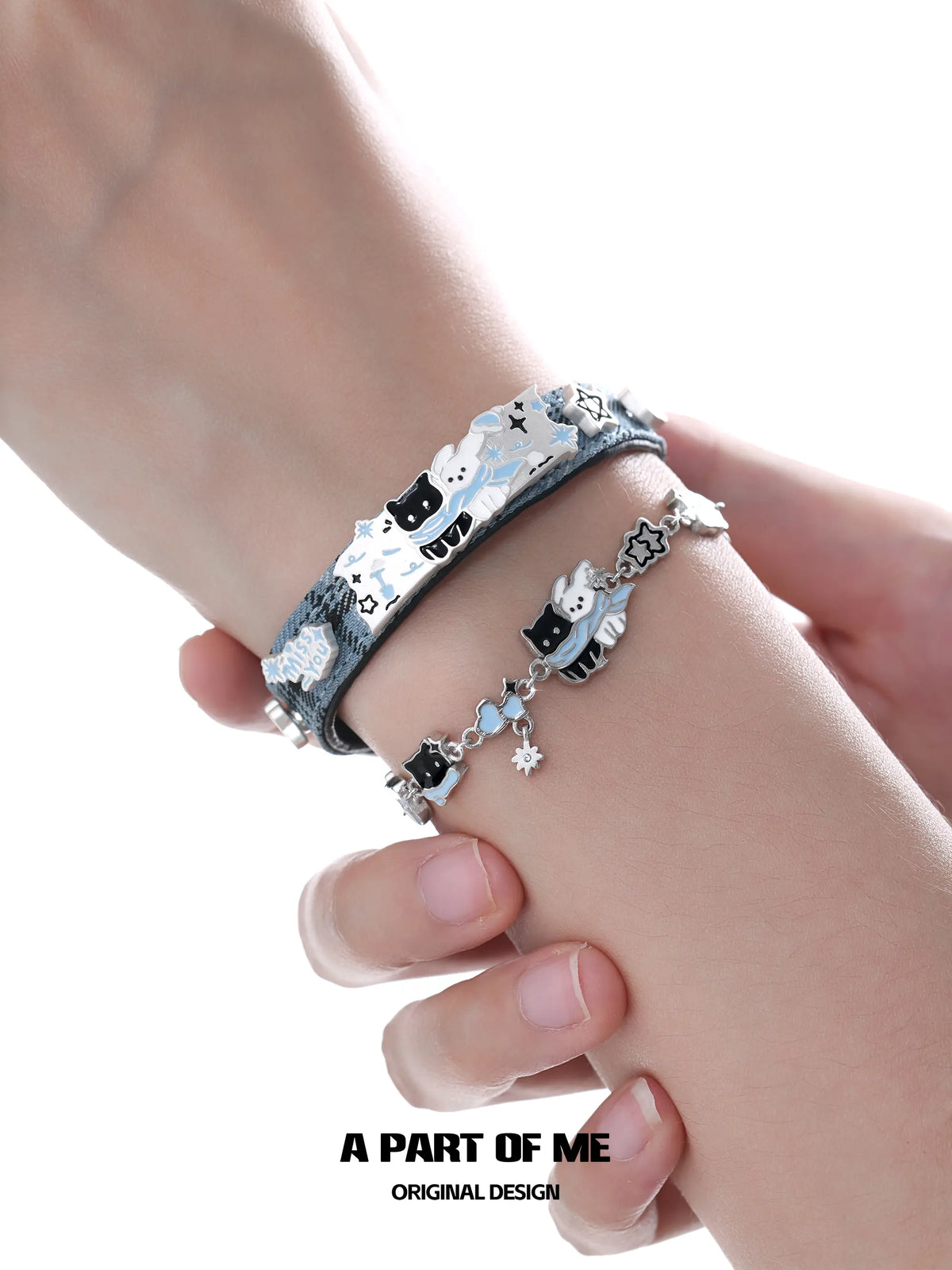 Hello Winter Black Kitten and White Puppy Blue Leather Bracelet™