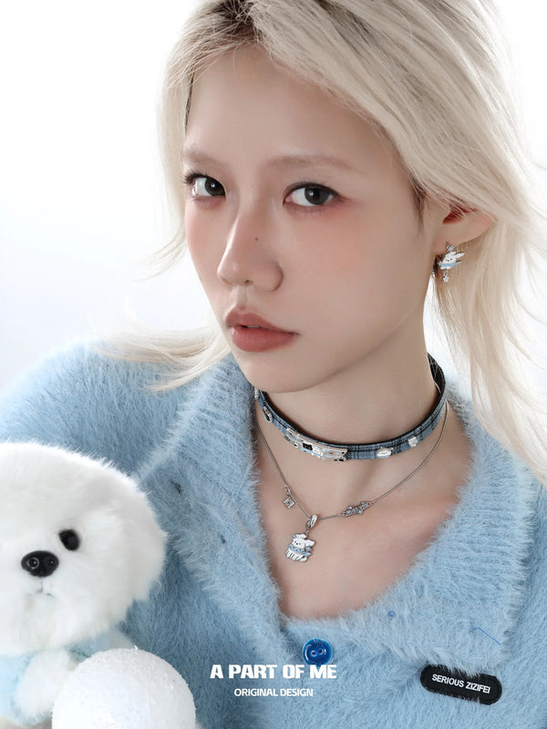 헬로 윈터 백금 도금 블랙 아기 고양이와 화이트 강아지 펜던트 목걸이™