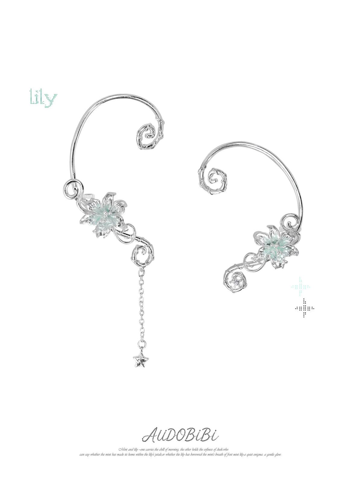 Lily Platinum Plating Dreamcore Mint Lily Vine Asymmetrical Ear Hook Ear Clip™