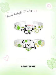 Lucky Clover 925 Sterling Silver Kitten ＆ Puppy Adjustable Open Ring™