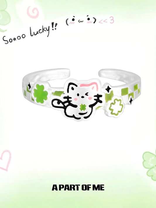 Lucky Clover 925 Sterling Silver Kitten ＆ Puppy Adjustable Open Ring™