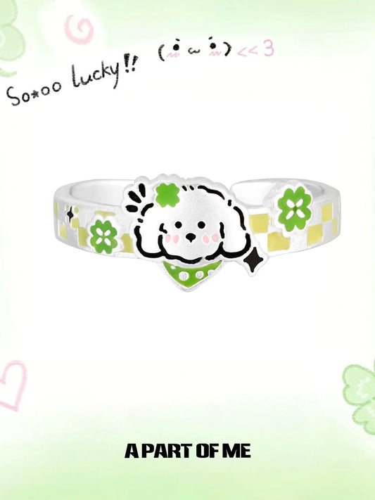 Lucky Clover 925 Sterling Silver Kitten ＆ Puppy Adjustable Open Ring™