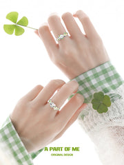 Lucky Clover 925 Sterling Silver Kitten ＆ Puppy Adjustable Open Ring™