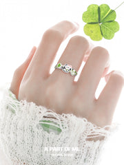 Lucky Clover 925 Sterling Silver Kitten ＆ Puppy Adjustable Open Ring™