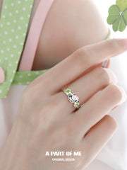 Lucky Clover 925 Sterling Silver Kitten ＆ Puppy Adjustable Open Ring™
