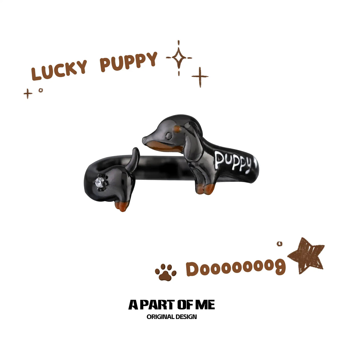 Lucky Puppy 18K 블랙 골드 도금 소시지 도그 조절 가능 오픈 링™