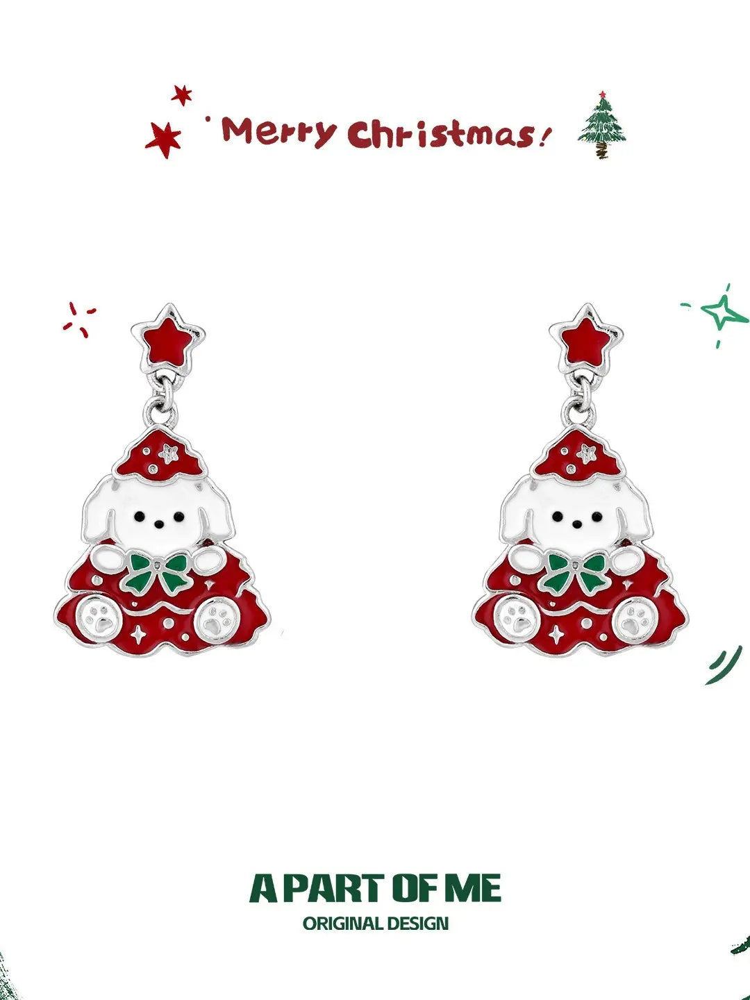 Merry Christmas 925 Platinum Pating Black Kitten＆ White Puppy Christmas Tree Dangle Earrings™