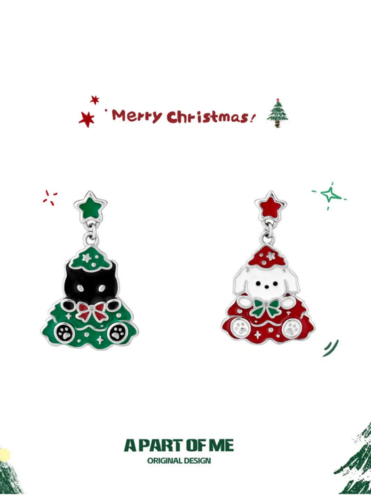 Merry Christmas 925 Platinum Pating Black Kitten＆ White Puppy Christmas Tree Dangle Earrings™