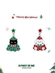 Merry Christmas 925 Platinum Pating Black Kitten＆ White Puppy Christmas Tree Dangle Earrings™