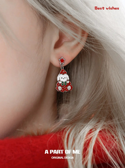 Merry Christmas 925 Platinum Pating Black Kitten＆ White Puppy Christmas Tree Dangle Earrings™