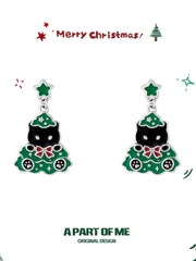 Merry Christmas 925 Platinum Pating Black Kitten＆ White Puppy Christmas Tree Dangle Earrings™