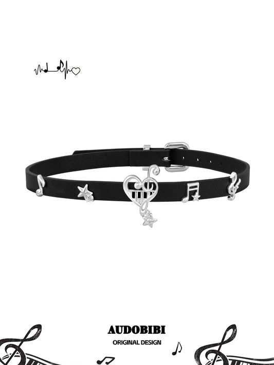 Piano Keys Platinum Plating Music Note Leather Choker Necklace™
