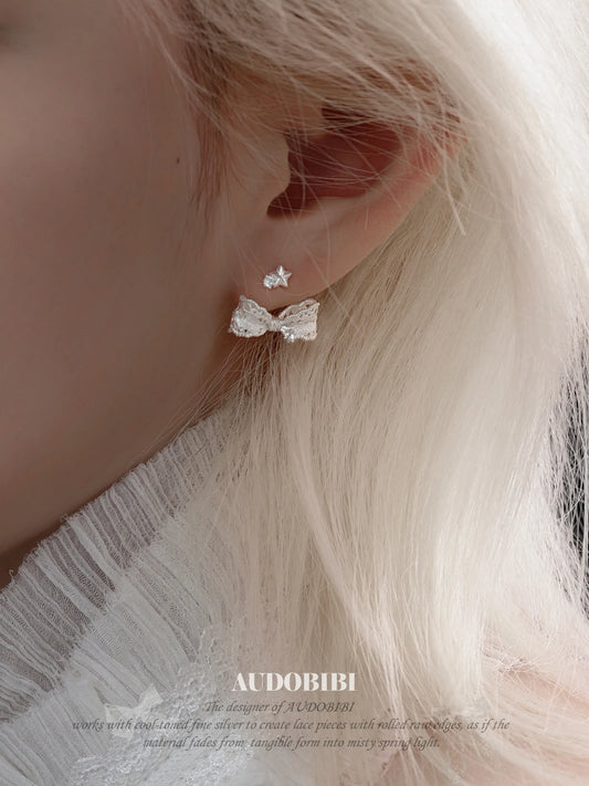 Rebellious Tenderness 925 Platinum Plating Luxury Lace Bow-Front Stud Earrings™