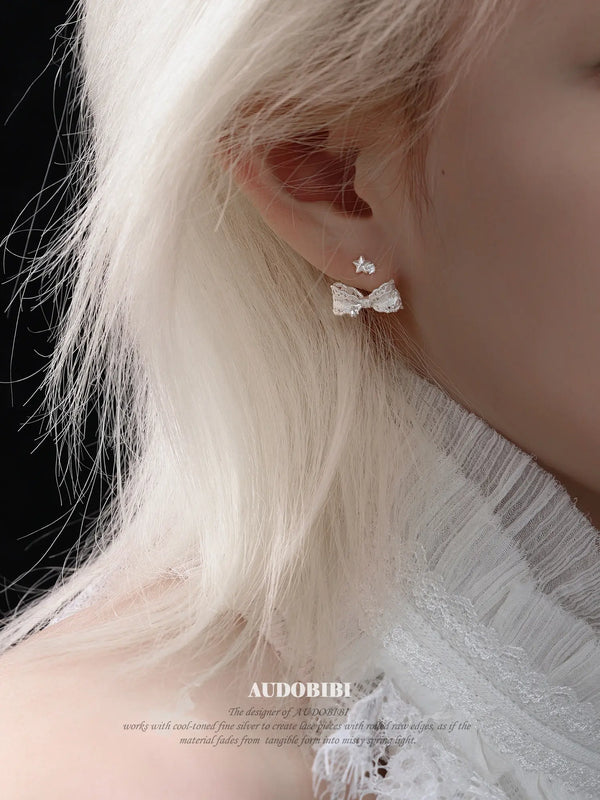 Rebellious Tenderness 925 Platinum Plating Luxury Lace Bow-Front Stud Earrings™