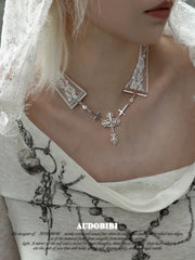 Rebellious Tenderness Lace Choker Necklace with Cross Pendant™