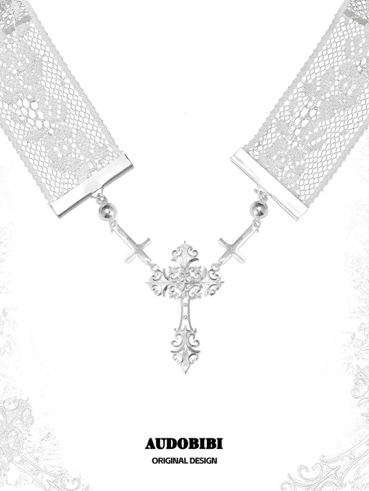 Rebellious Tenderness Lace Choker Necklace with Cross Pendant™