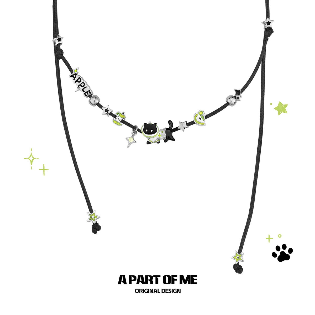 Summer Fruity 18K Platinum Plated Apple Cat Pull-Adjustable Black Cord Necklace™