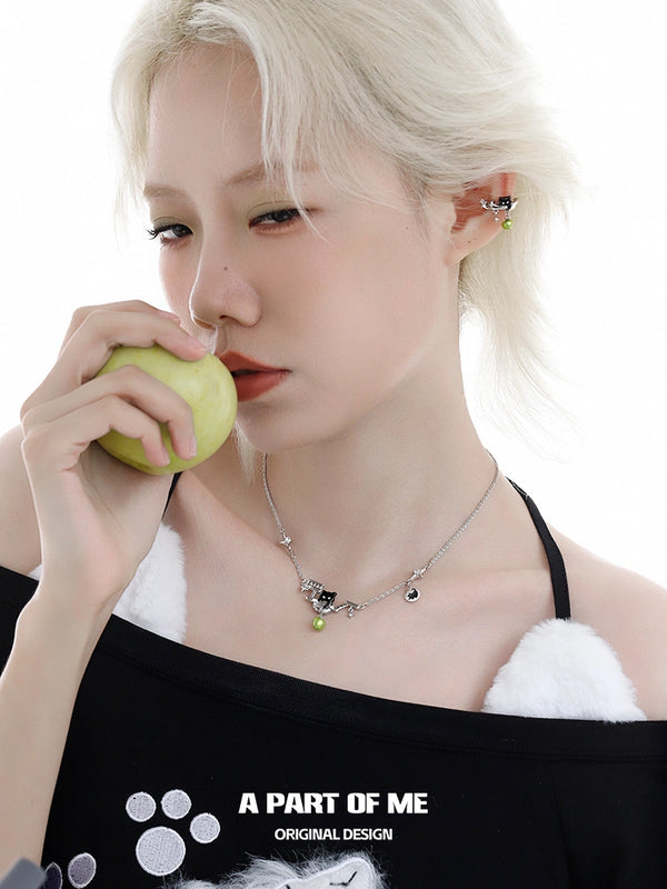 Summer Fruity 18Kプラチナメッキ ブラックキトン＆グリーンアップルチョーカーネックレス™