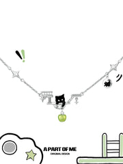 Summer Fruity 18K Platinum Plated Black Kitten ＆ Green Apple Choker Necklace™
