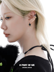 여름 과일 18K 플래티넘 도금 블랙 키튼 &amp; 그린 애플 이어클립™