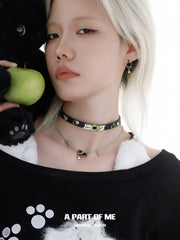 Summer Fruity 18K Platinum Plated Black Kitten ＆ Green Apple Earrings™