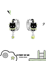 Summer Fruity 18K Platinum Plated Black Kitten ＆ Green Apple Earrings™