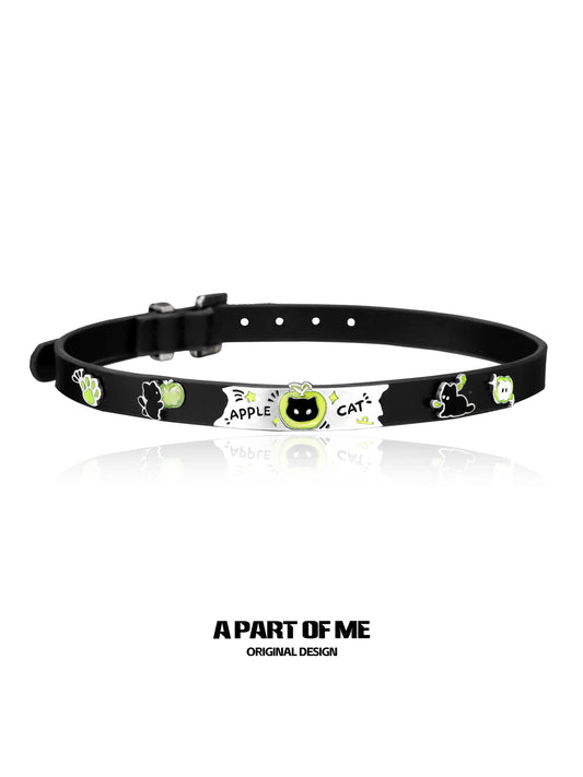 Summer Fruity 18K Platinum Plated Black Kitten ＆ Green Apple Leather Choker™