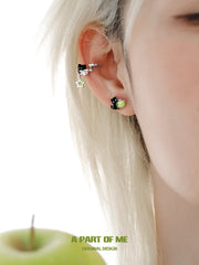 Summer Fruity 18K Platinum Plated Black Kitten ＆ Green Apple Stud Earrings™