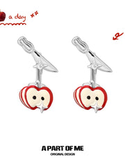 Summer Fruity 18K Platinum Plating Fork ＆ Apple Asymmetrical Stud Earrings™
