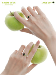 Summer Fruity 925 Sterling Silver Black Kitten ＆ Green Apple Ring™