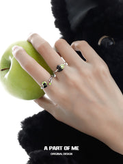 Summer Fruity 925 Sterling Silver Black Kitten ＆ Green Apple Ring™