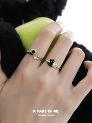 Summer Fruity 925 Sterling Silver Black Kitten ＆ Green Apple Ring™