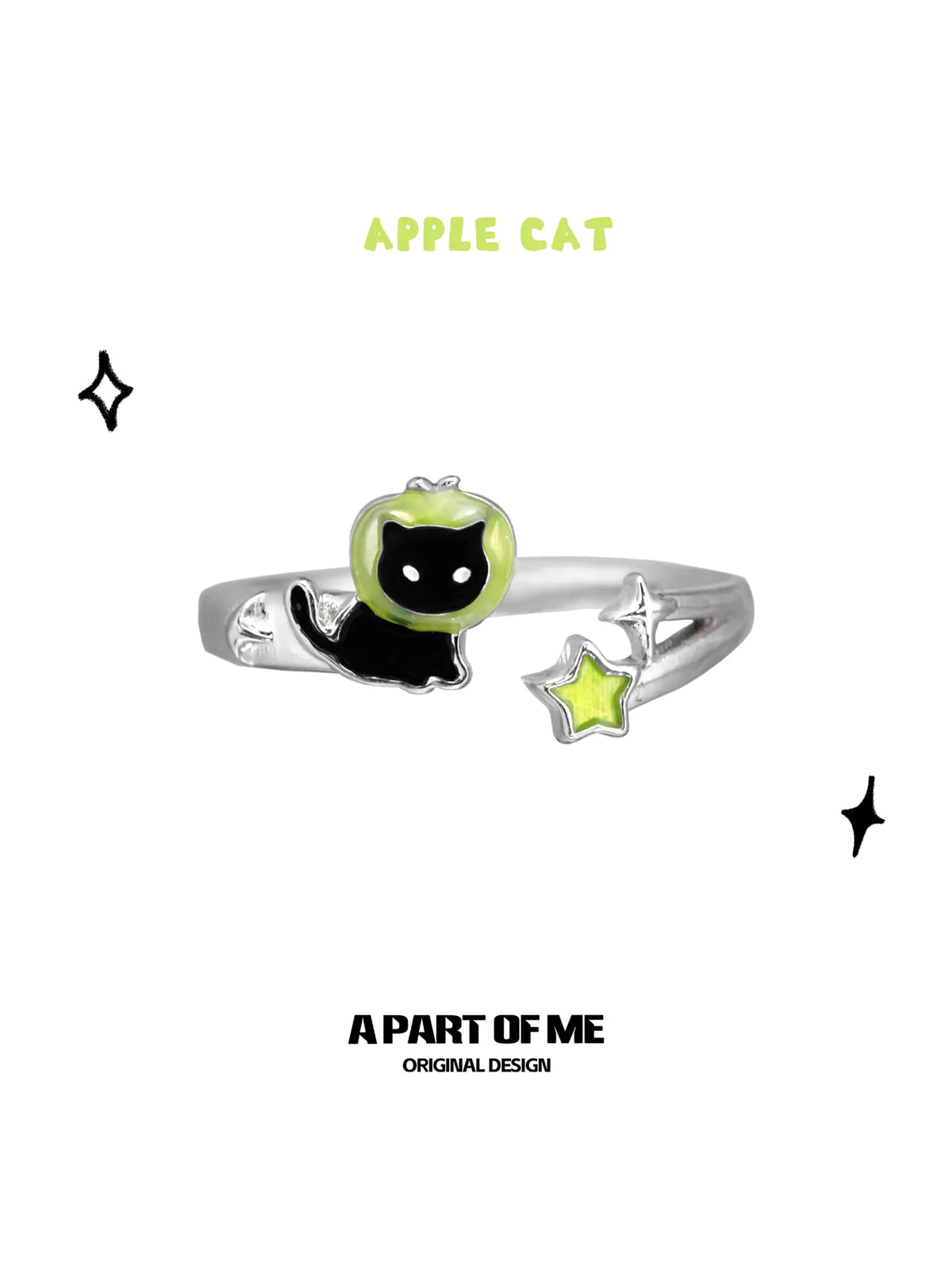 Summer Fruity 925 Sterling Silver Black Kitten ＆ Green Apple Ring™