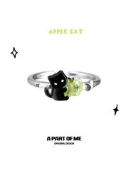 Summer Fruity 925 Sterling Silver Black Kitten ＆ Green Apple Ring™