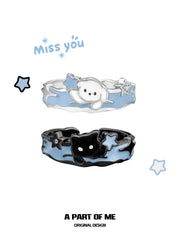 Hello Winter Black Kitten and White Puppy Sterling Silver Open-Style Adjustable Couple's Ring™