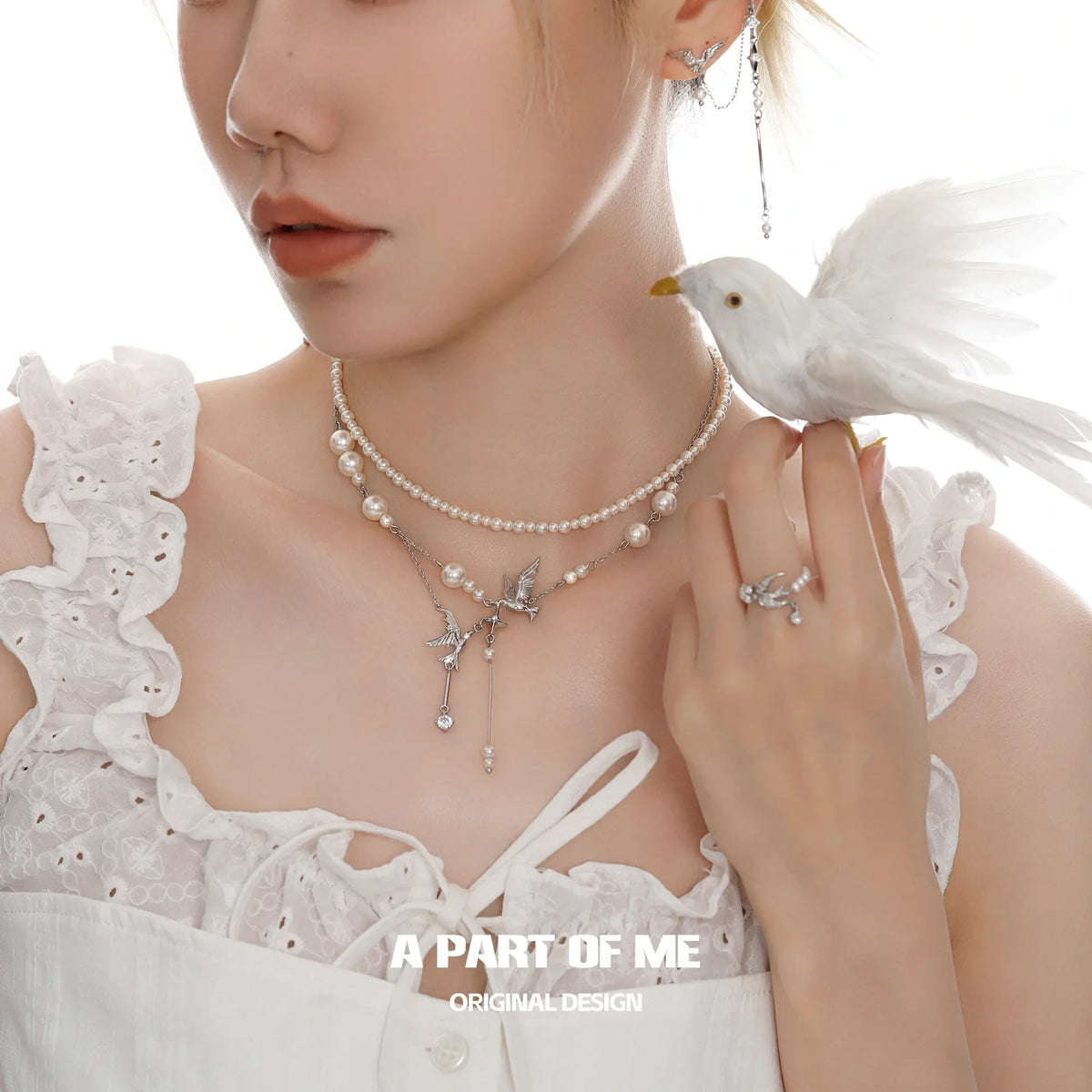 Winged Grace 925スターリングシルバー 天然パールツバメの調節可能なオープンリング™