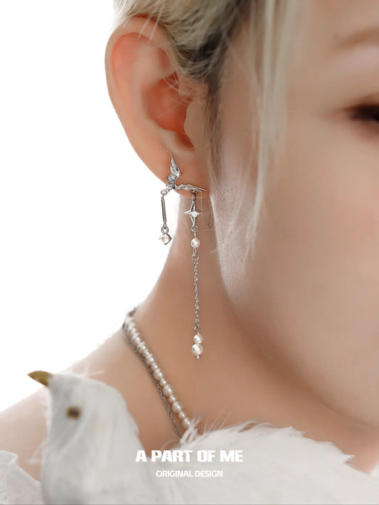 Winged Grace S925 18K Platinum Plated Natural Pearls Swallow Asymmetrical Ear Hook Earrings™
