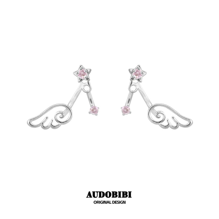 Winged Grace Dreamcore Angel Detachable Star & Wing Stud Earrings — Pink.