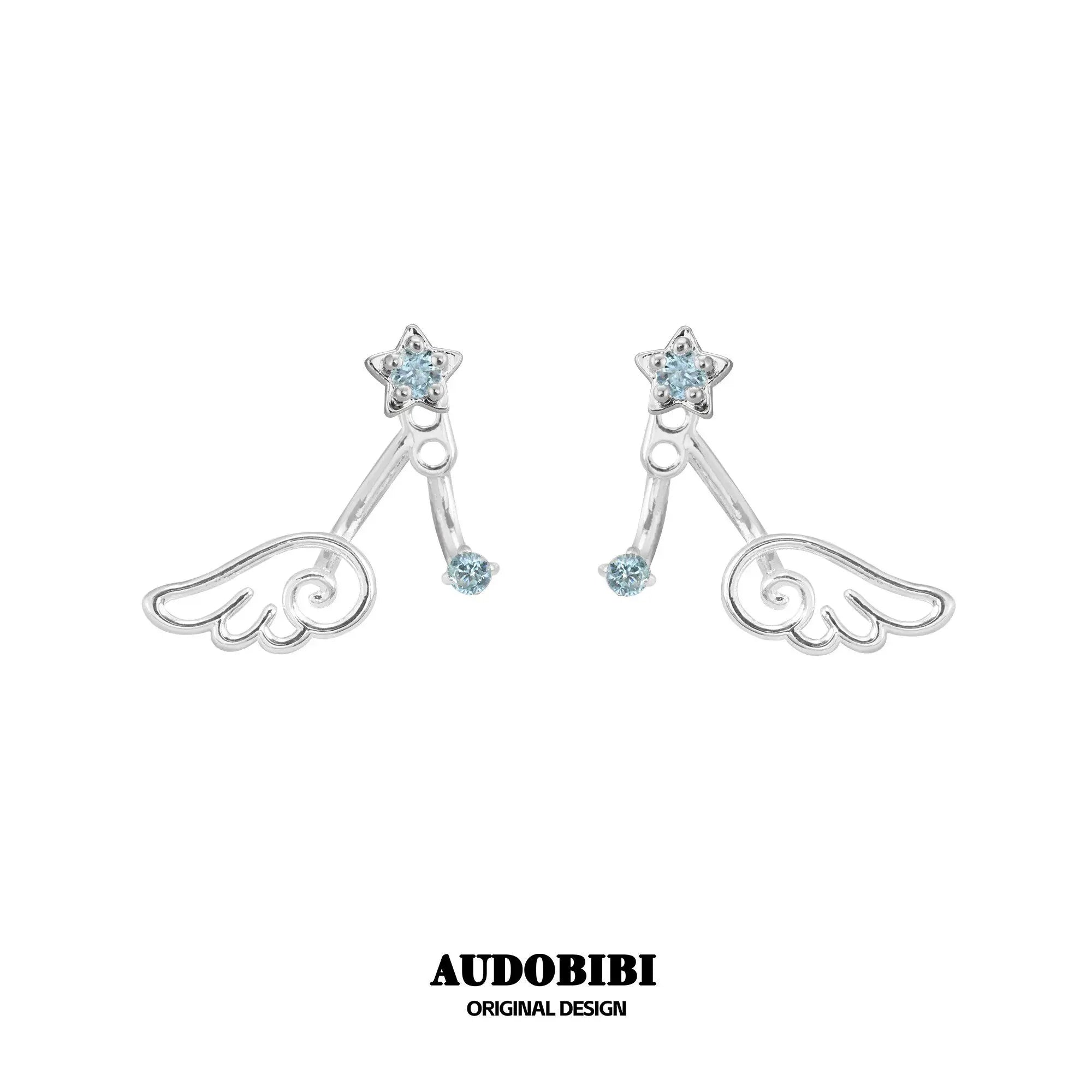 Winged Grace Dreamcore Angel Detachable Star & Wing Stud Earrings — Blue.