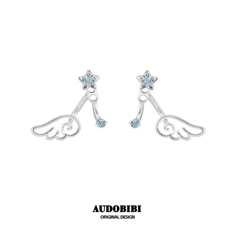 Winged Grace Dreamcore Angel Detachable Star & Wing Stud Earrings — Blue.
