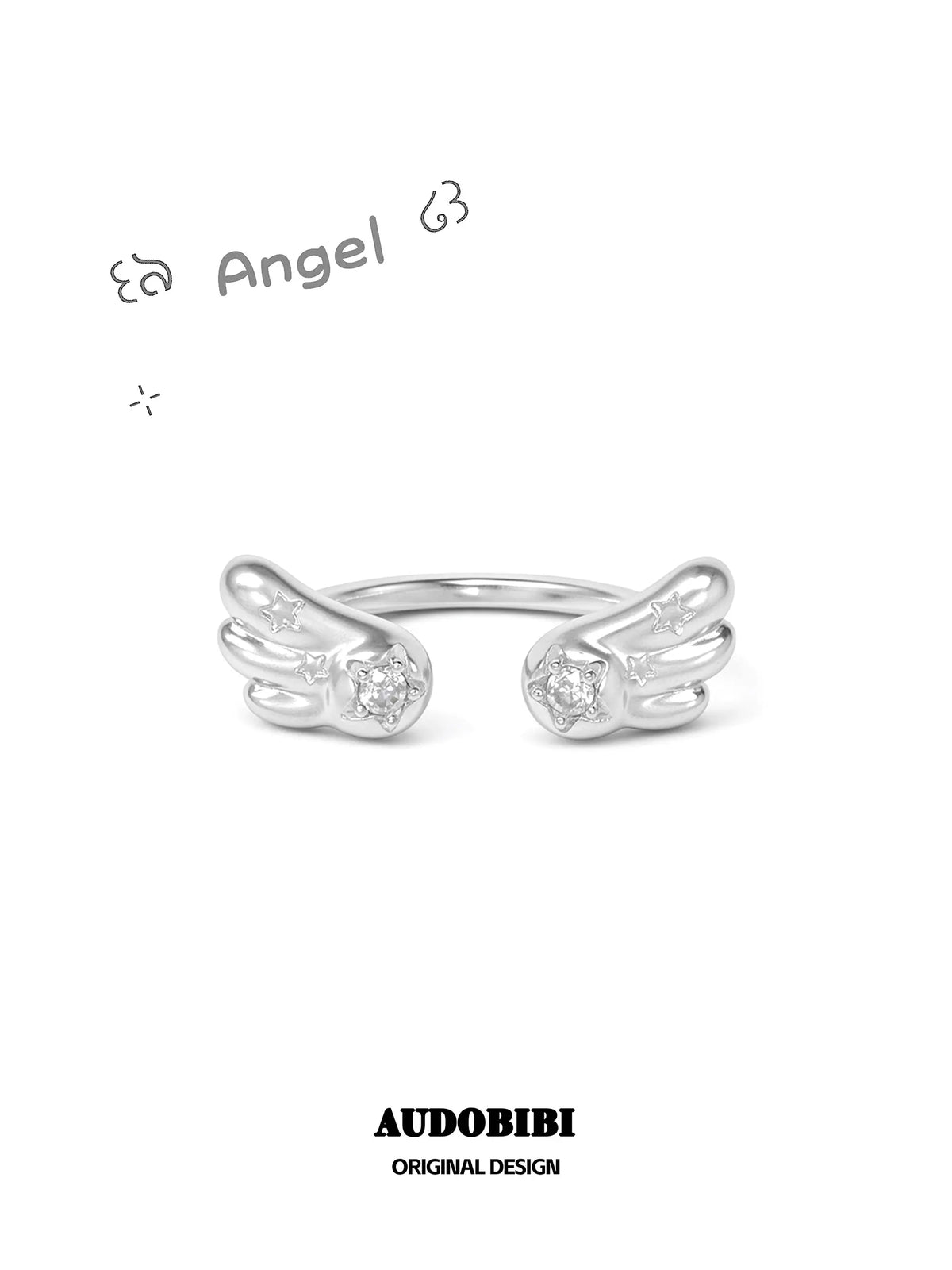 Open ring with two rounded angel wings, viewed from the front.
