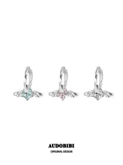 Mini wing hoop earrings shown in blue, pink and white.