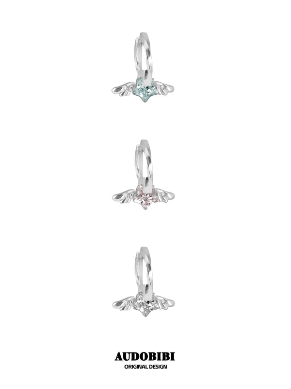 Three mini wing hoop earring colors, viewed from the side.